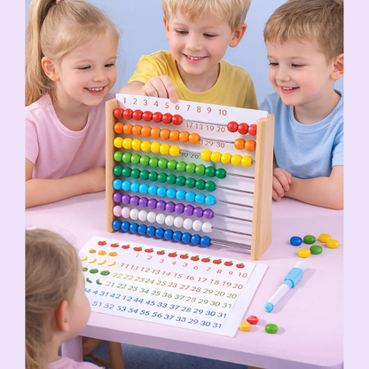 Kids' educational wooden abacus, colorful rows of beads, essential Montessori learning tool for counting.