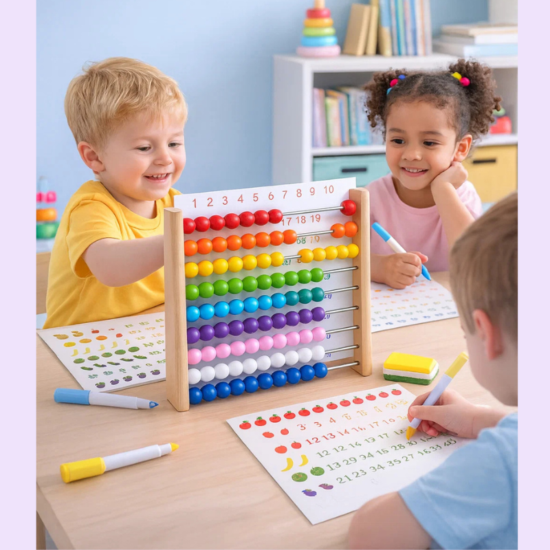 Wooden abacus for homeschooling math, vibrant beads, a classic educational toy for early education.