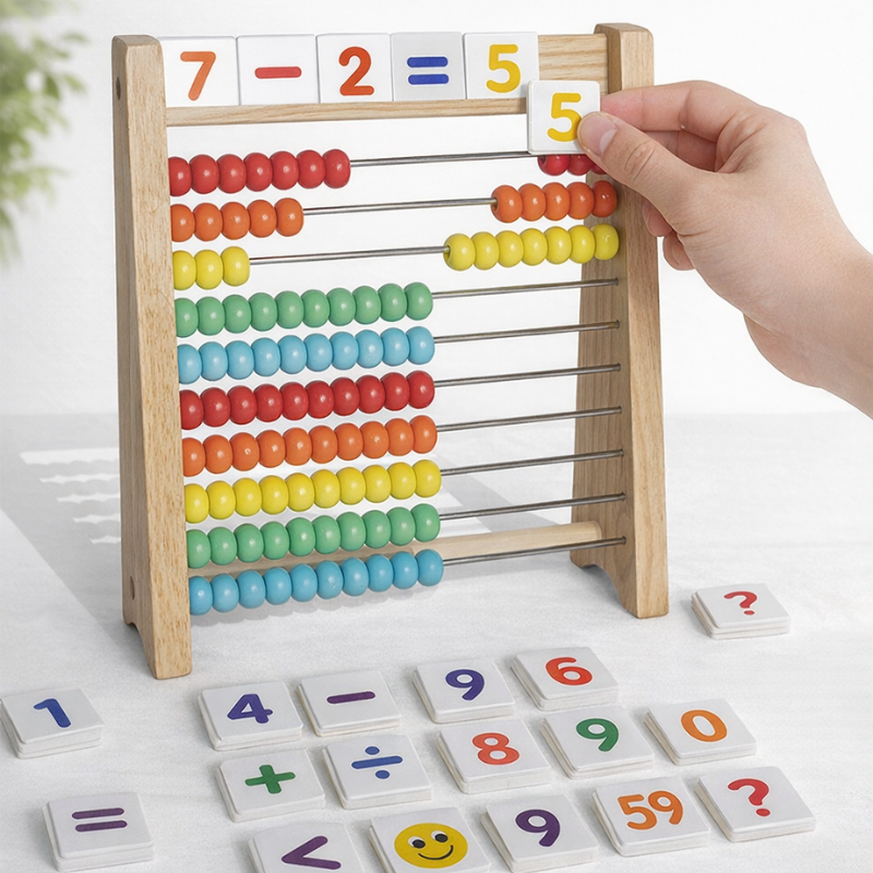 Close-up of wooden Montessori abacus beads, showing vibrant colors, ideal for early math learning.