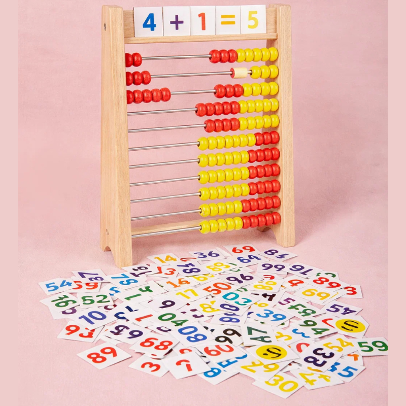 Child actively using a wooden abacus for math learning, a hands-on educational Montessori toy.