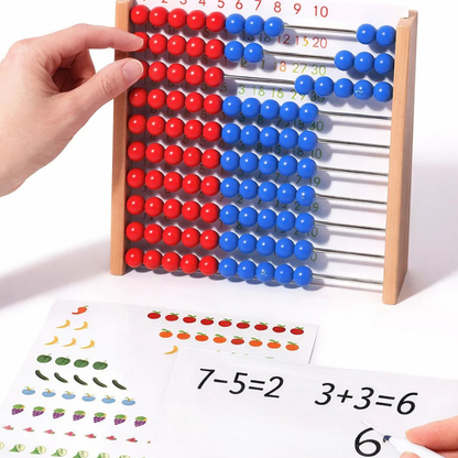 Wooden abacus for math, part of a Montessori education set, perfect counting aid for young learners.