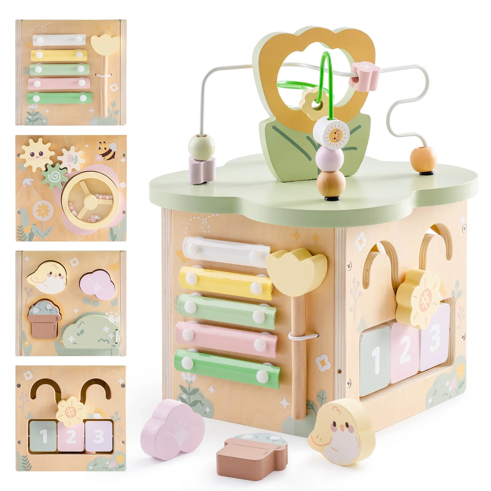 Wooden Montessori activity cube for toddlers, enhancing fine motor skills with colorful shapes.