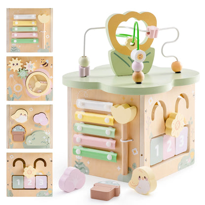 Wooden Montessori activity cube for toddlers, enhancing fine motor skills with colorful shapes.
