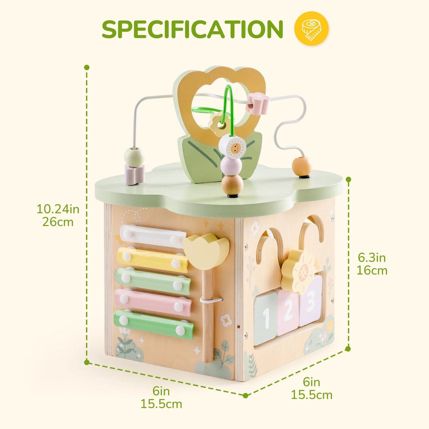 Montessori wooden activity cube, a developmental toddler toy for early learning and cognitive growth.