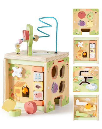 Baby's wooden activity cube, multi-sided for sensory play and preschool learning.
