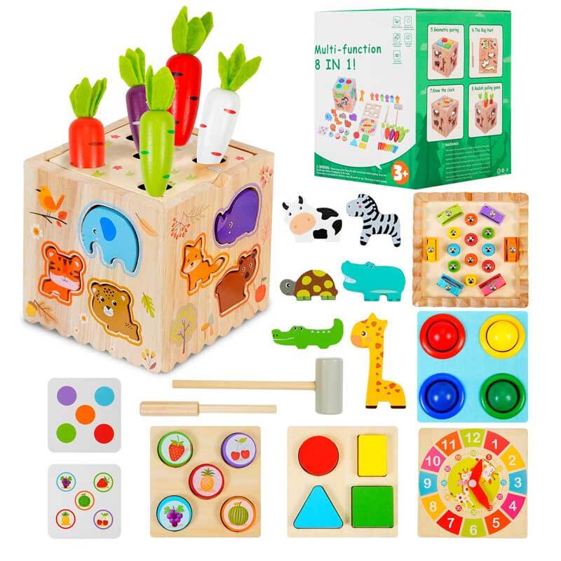 Wooden Montessori activity cube for toddlers with multiple learning activities