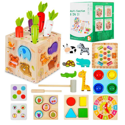 Wooden Montessori activity cube for toddlers with multiple learning activities