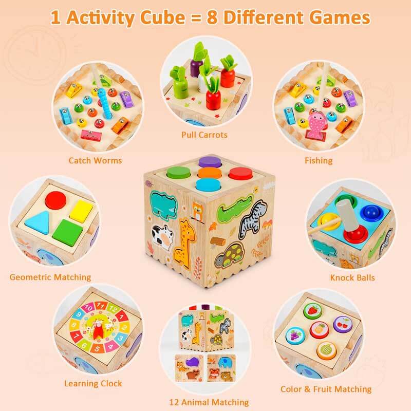 Toddler exploring a wooden Montessori activity cube, an educational sensory toy