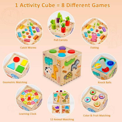 Toddler exploring a wooden Montessori activity cube, an educational sensory toy