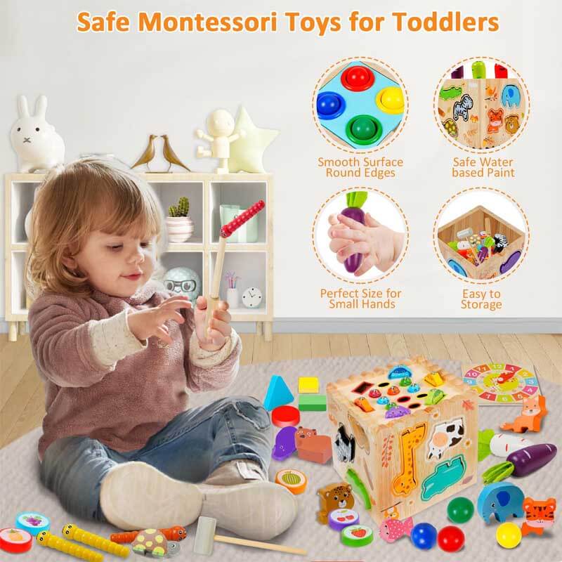 Educational wooden activity cube, a sensory montessori toy for baby learning and development