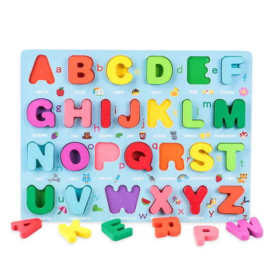 Wooden Montessori learning board with colorful alphabet, numbers, and shapes for preschool cognitive development
