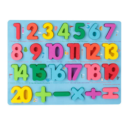 Montessori educational wooden toy for kids featuring ABC letters, 123 numbers, and shape sorting puzzles
