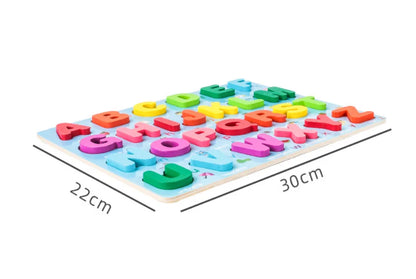 Preschool learning wooden toy: Montessori educational board with chunky alphabet letters and number pieces