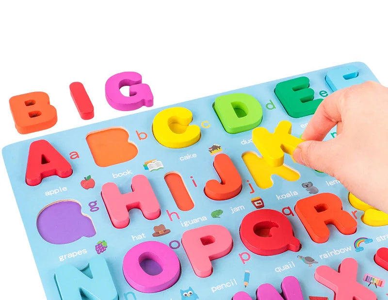 Educational wooden Montessori board for children, enhancing alphabet learning, number recognition, and shape sorting