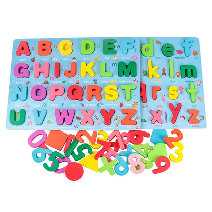 Colorful wooden Montessori toy, an educational puzzle for kids to learn ABCs, 123s, and basic shapes
