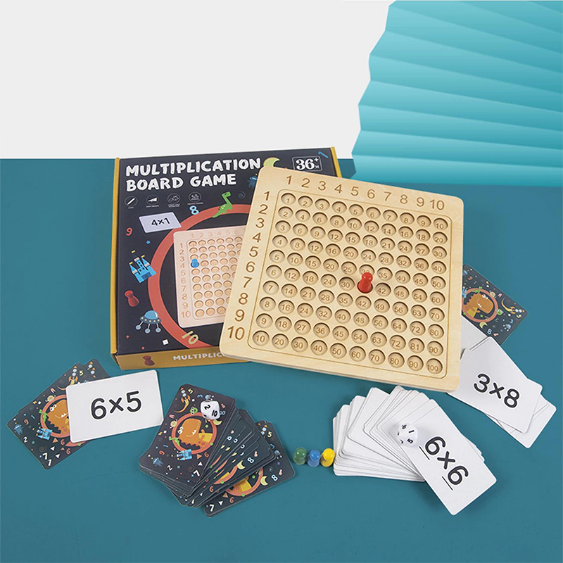 Wooden multiplication board game for kids, an educational math toy for ages 5+, promoting family fun.