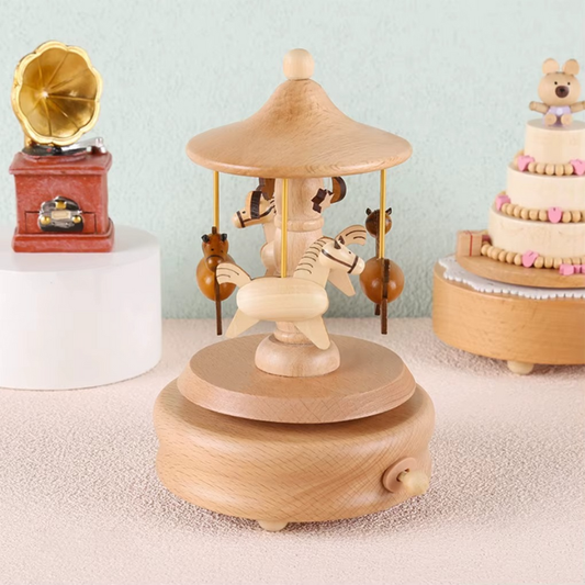 Wooden musical carousel with spinning animals, perfect baby toy & soothing nursery decor gift.