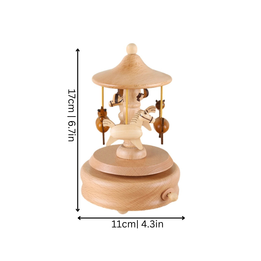Detailed wooden carousel ornament, a classic music box baby toy for kids' nursery decor.