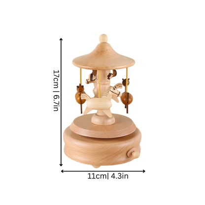 Detailed wooden carousel ornament, a classic music box baby toy for kids' nursery decor.