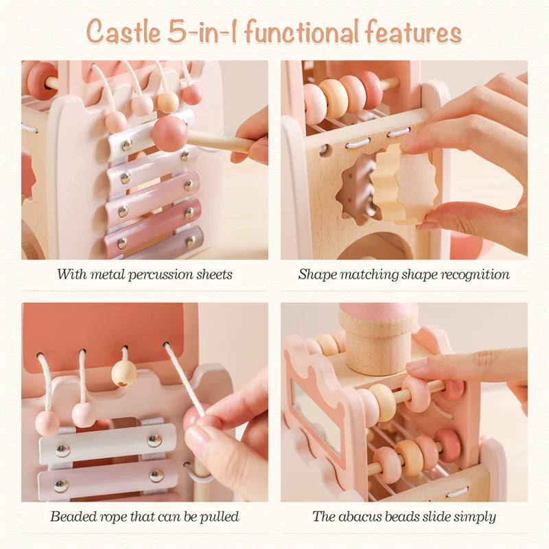 Toddler playing with Wooden Musical Instrument Tower, an educational toy for sound exploration