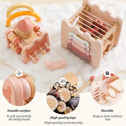 Close-up of Wooden Musical Instrument Tower, a multi-instrument toy for kids' early development