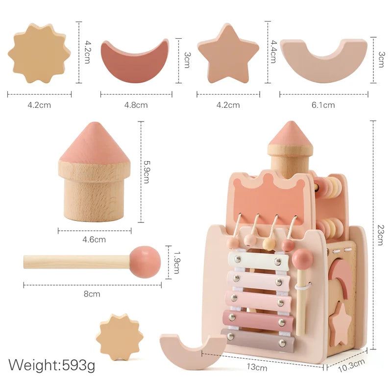 Vibrant Wooden Musical Instrument Tower, a Montessori-inspired toy for auditory learning