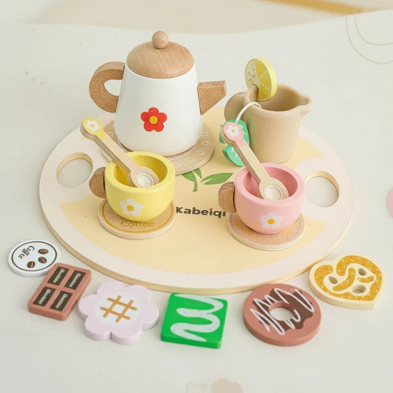 Wooden play tea set with colorful designs for imaginative children's pretend play, educational toy