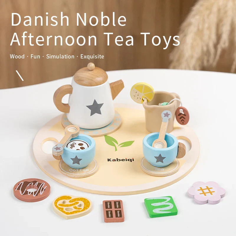 Full set of wooden tea cups and saucers with playful patterns, ideal for kids' kitchen toy