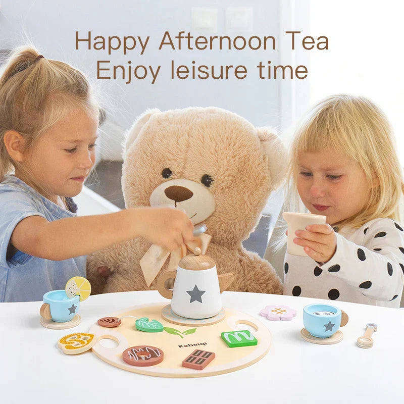 Child's hands playing with a wooden tea set, demonstrating pretend play, great gift for kids