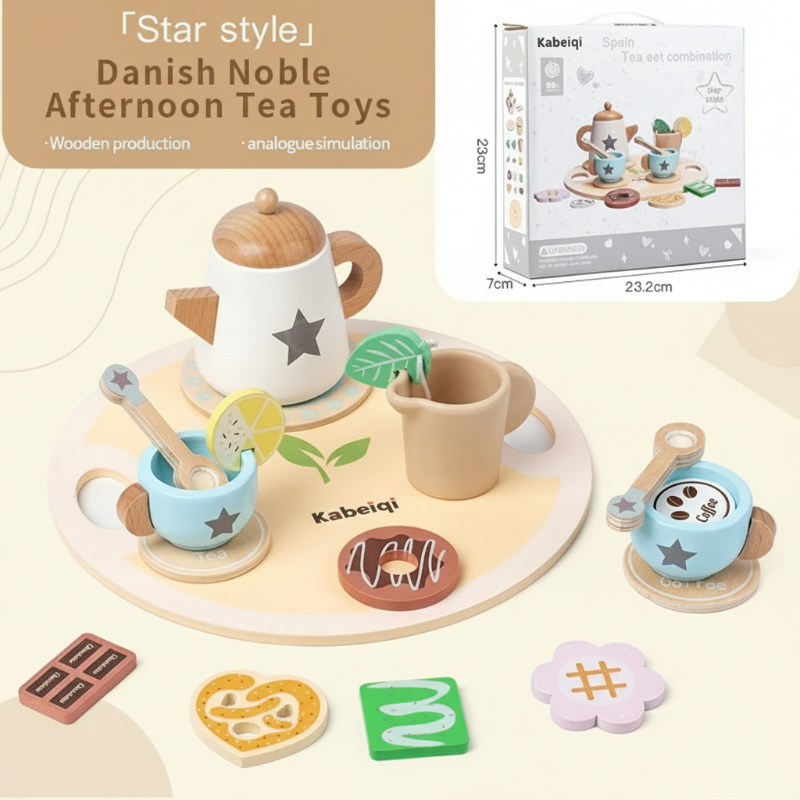 Group of wooden tea set pieces, including cups, pot, and tray, for engaging activity and learning