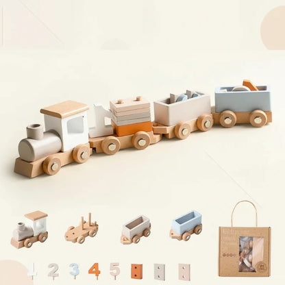 Wooden playtime train set with colorful cars, perfect for educational play and fine motor skills development.
