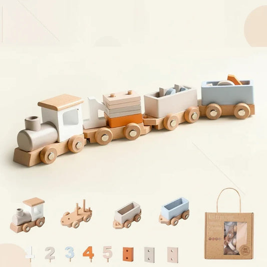 Wooden playtime train set with colorful cars, perfect for educational play and fine motor skills development.