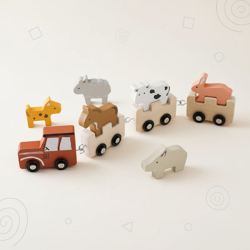 Gift-ready wooden train set for children, promoting educational playtime and cognitive growth.