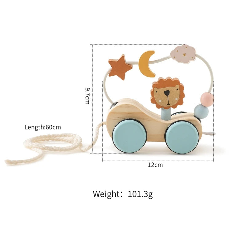 Close-up of wooden train tracks and vehicles, part of an educational and safe childrens toy set.