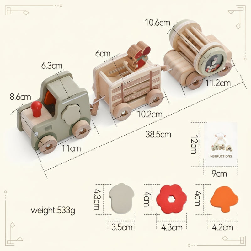 Educational wooden train set laid out on a playmat, an engaging toy for hours of creative fun.