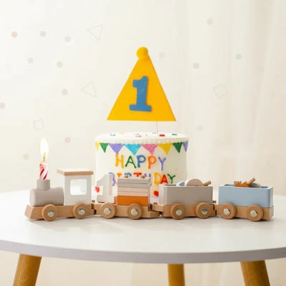 Montessori-inspired wooden train set for kids, an educational toy promoting creativity and skill building.