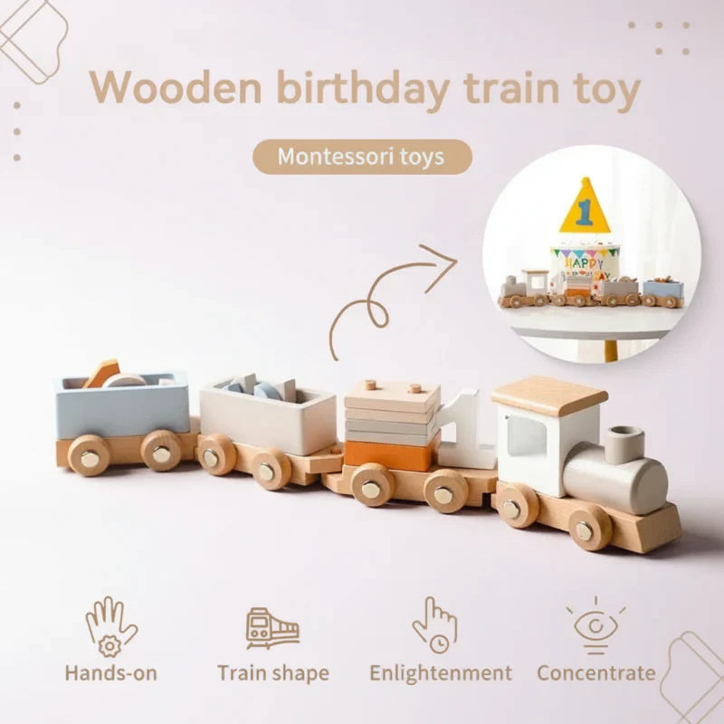 Kids' wooden train set, a safe and engaging toy for preschoolers to develop problem-solving abilities.