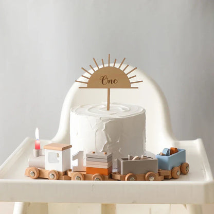 Close-up of a wooden train engine from the educational play set, highlighting craftsmanship for young children.
