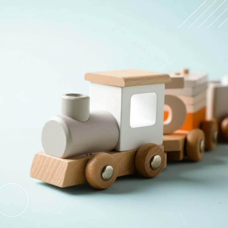 Educational wooden train set with colorful blocks, designed to enhance fine motor skills in toddlers.