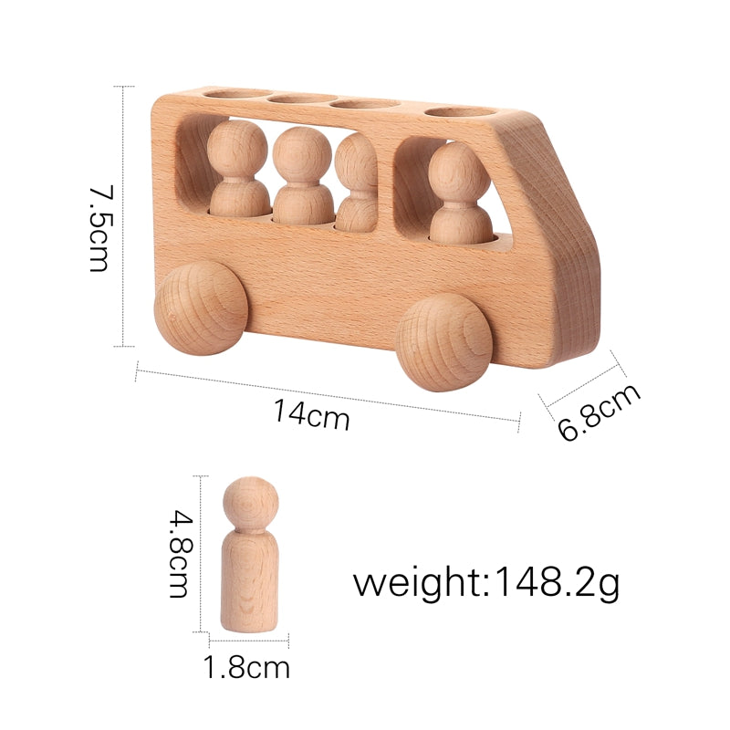 Various wooden train cars from the play set, ideal for teaching colors and shapes to young kids.