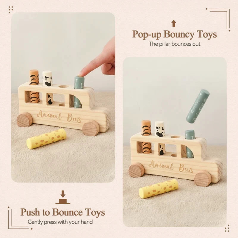 Educational wooden bus toy with press and play features, perfect for Montessori learning kids