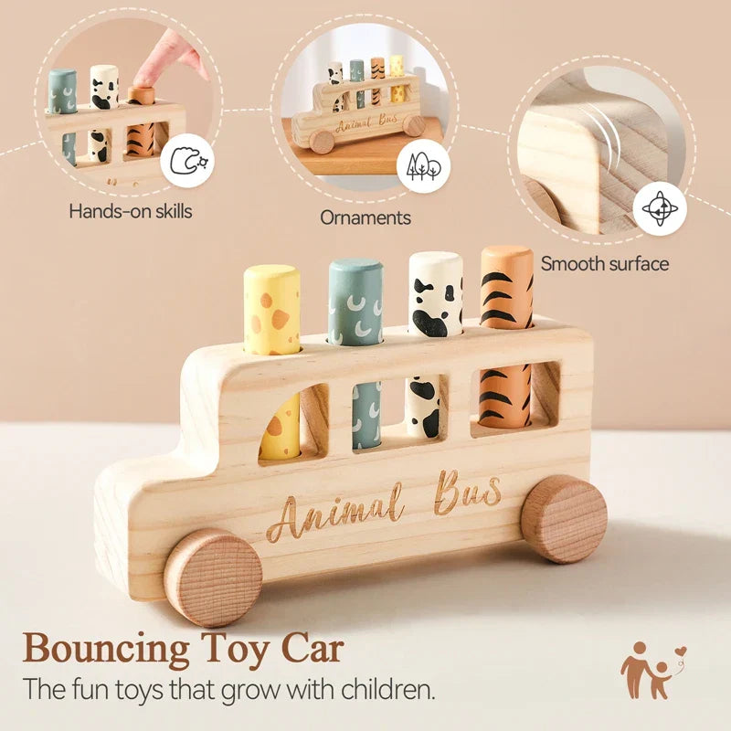 Toddler wooden bus toy, press play educational game, enhances fine motor skills development