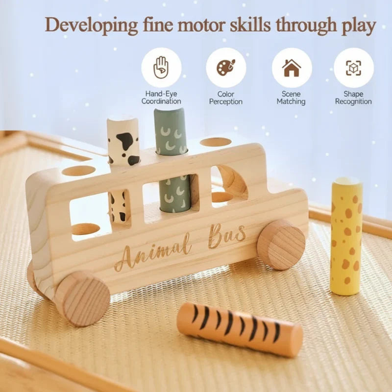 Kids' wooden Montessori bus toy, interactive press and play for developmental learning
