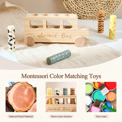 Fine motor skills wooden bus toy, educational press play, ideal for toddler play
