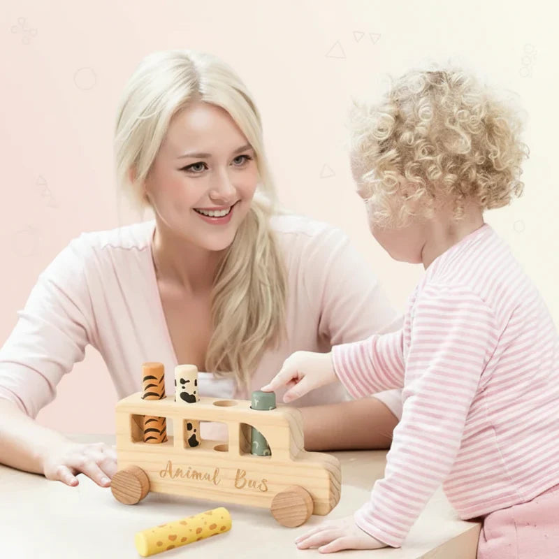 Developmental wooden bus toy, press play activity for kids, Montessori inspired learning