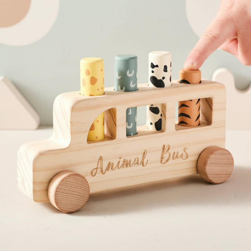 Press and play wooden bus toy, educational for children, boosting fine motor skill development