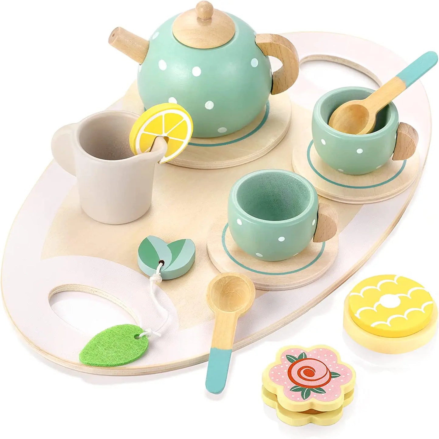 Wooden pretend play tea set for kids, enhancing imaginative role play and child development