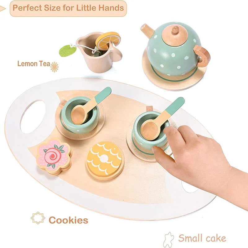Kids wooden tea set with pot, cups & saucers, promoting imaginative play & social skills