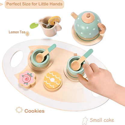 Kids wooden tea set with pot, cups & saucers, promoting imaginative play & social skills