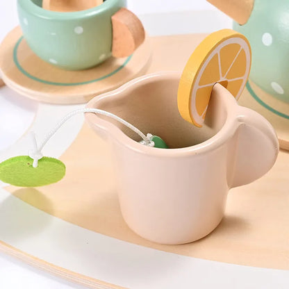 Gift-ready wooden tea set for toddlers, ideal for educational pretend play kitchen fun